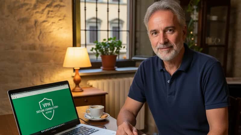 Dipendente bancario a Firenze lavora in smart working dal tavolo di cucina con laptop aziendale, serata con luce calda