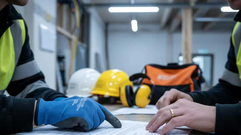 To elektrikere gennemgår en VUA-arbejdstidsaftale ved et bord i en byggepladscontainer i Aarhus, med sikkerhedsudstyr synligt i baggrunden