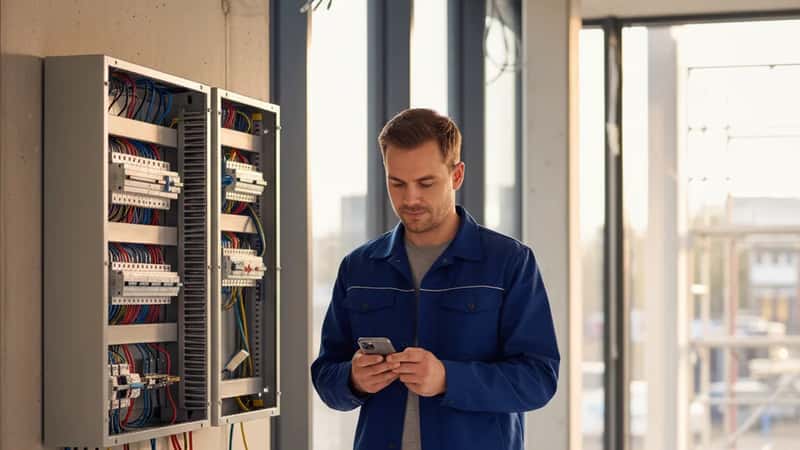 Elektriker i blå arbejdsjakke tjekker sin arbejdsplan på mobiltelefonen foran et el-tavleskab under installation i en ny bygning i Odense
