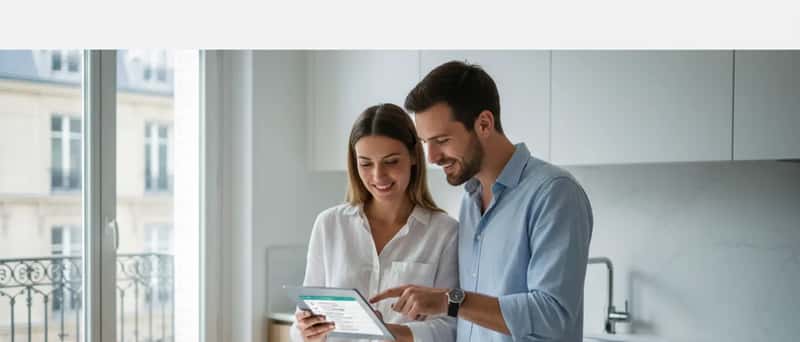 Couple français consultant un état des lieux numérique sur tablette dans une cuisine moderne