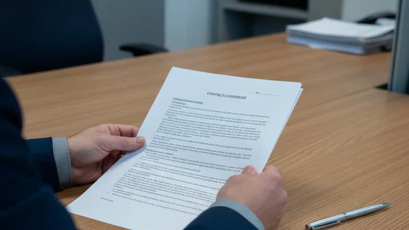 Un professionnel en costume examine un contrat de travail sur un bureau dans un bureau RH à Nantes, processus de rupture de période d'essai