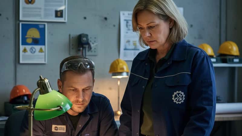 Tillitsvalgt og industriarbeider i Trondheim gjennomgår oppsigelsesdokument med bekymrede uttrykk