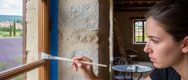 Detailaufnahme eines Malers bei präzisen Schneidearbeiten am Fensterrahmen einer deutschen Wohnung