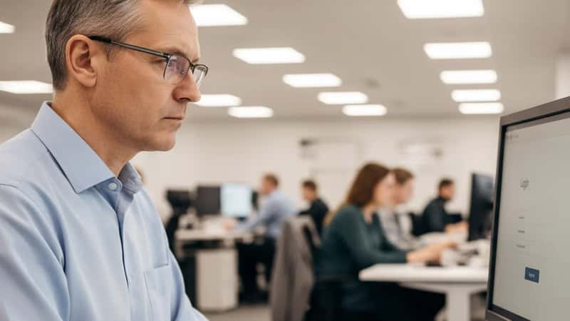 Suomalainen mies kirjautuu huolellisesti sisään tietokoneelle toimistossaan Helsingissä