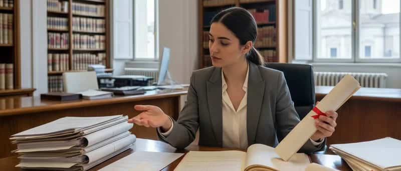 Donna italiana che consulta documenti ufficiali presso un ufficio della Camera di Commercio