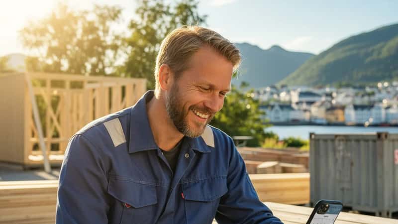 Norsk elektriker i Ålesund planlegger feriedager og sjekker kalender på en byggeplass utendørs i sommersolskinn