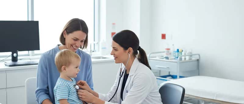 Mother and toddler in a bright UK paediatric clinic waiting room with colourful artwork