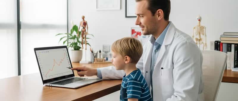 Paediatrician reviewing a child's growth chart on a laptop in a consultation room