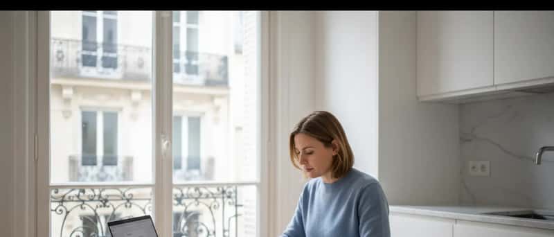 Norsk person sorterer dokumenter ved kjøkkenbordet hjemme før et advokatmøte