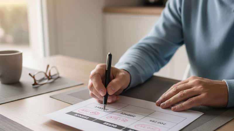Mains masculines comparant les coûts des motorisations sur un tableau chiffré, appartement français, lumière naturelle