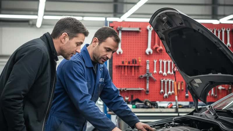 Mécanicien en bleu de travail expliquant le moteur diesel à un client dans un garage indépendant lyonnais