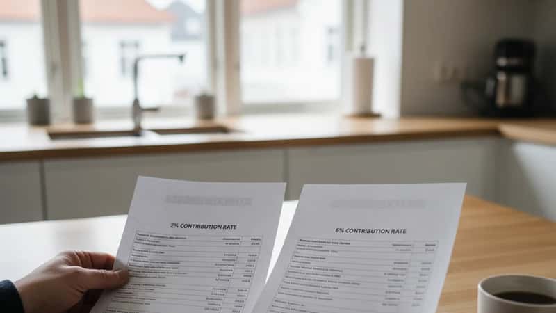 Norske hender sammenligner to pensjonsbeskrivelser med 2% og 6% innskuddssatser ved kjøkkenbord i Stavanger