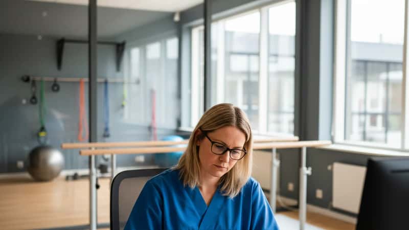 Ergoterapeutforeningens ansatte: ergoterapeut studerer overenskomstdokumenter ved et rehabiliteringsanlæg i Odense