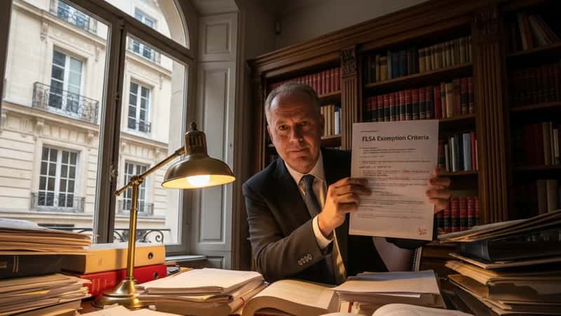 Employment attorney in Charleston, South Carolina holding an annotated FLSA document with exemption criteria marked