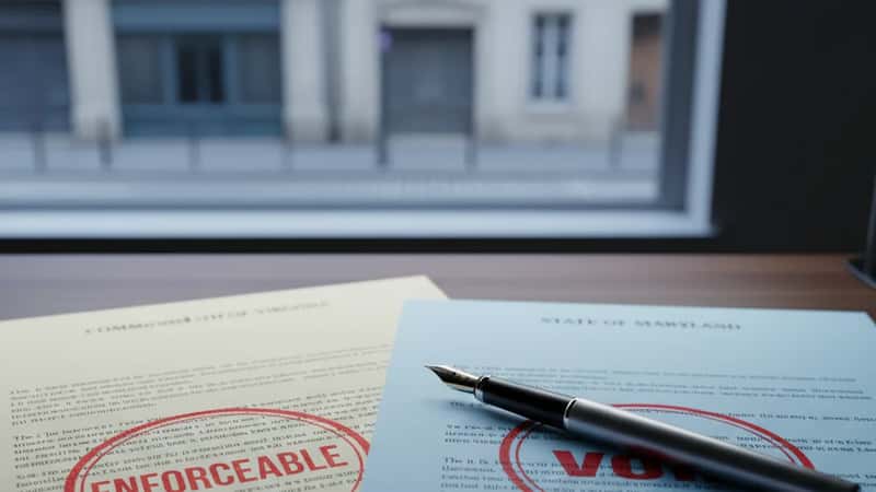Two non-compete agreements from different states compared on a law office desk in Morgantown West Virginia