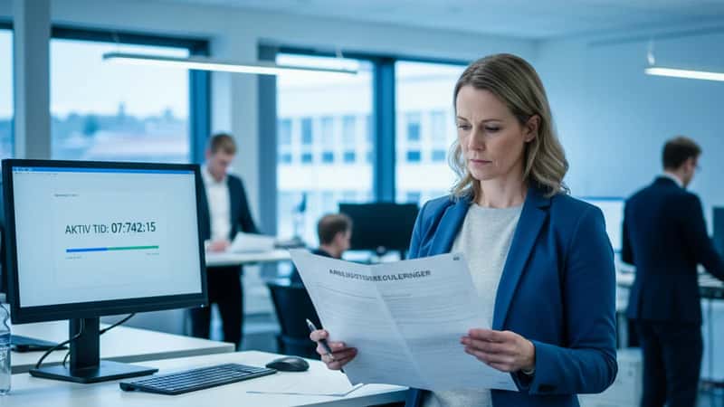 Statsansatt akademiker med fleksitid-oversikt ved standing desk i Kristiansand
