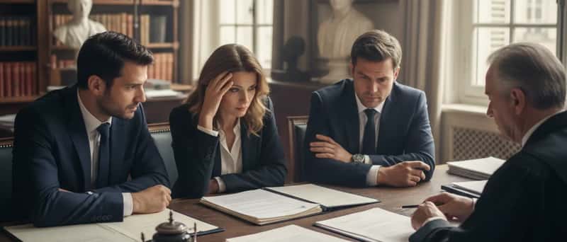Trois héritiers discutant autour d'un bureau de notaire avec des documents successoraux en France