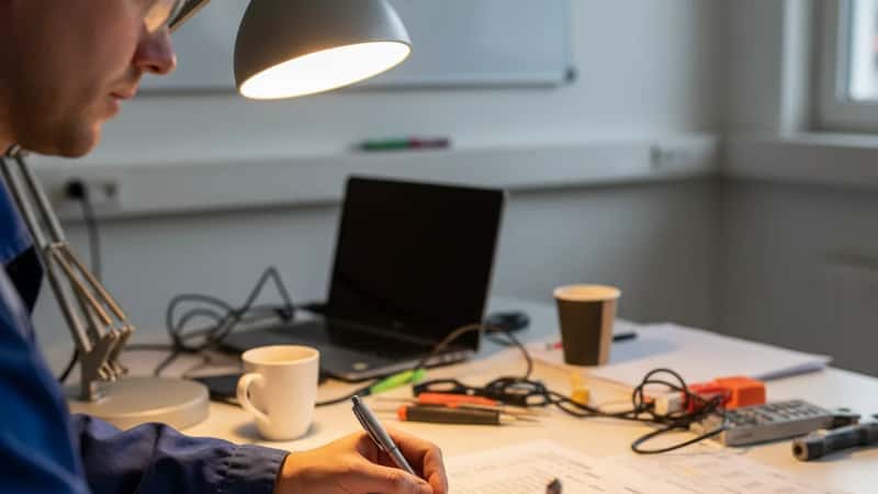 Dansk elektriker markerer arbejdstimer på en vagtplan ved et skrivebordslampe i et elentreprenørkontor i Odense