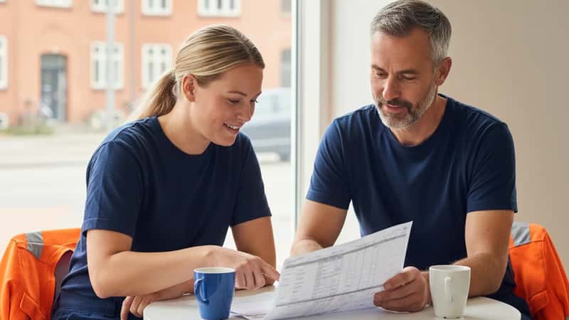 To danske elektrikere diskuterer en arbejdsplan ved et kantinebord i Vejle — mand og kvinde med sikkerhedsveste på stolene ved siden af