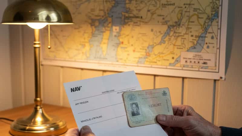 Pensjonert sjømann i Sandefjord holder AFP-brev fra NAV ved siden av et gammelt sjømannskort