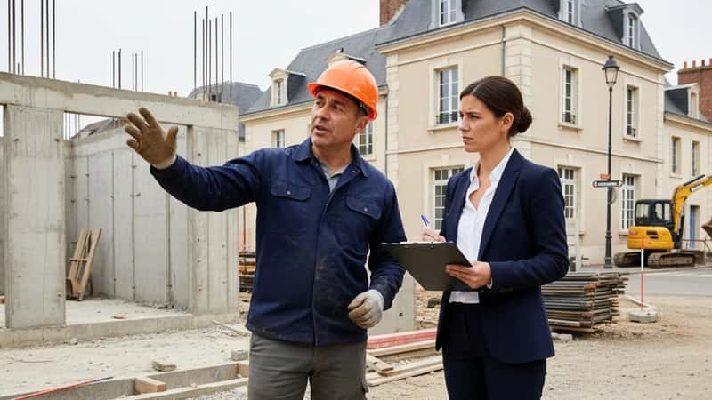 Construction site labor consultation in Tuscaloosa Alabama — Hispanic worker in hard hat speaking with HR representative taking notes on a clipboard