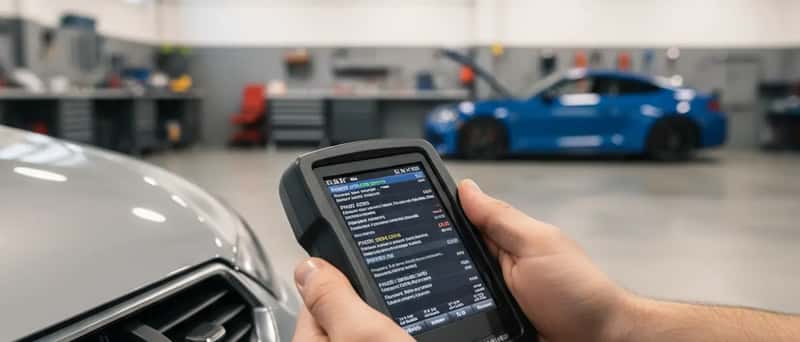 Automonteur gebruikt OBD-diagnoseapparatuur aangesloten op het dashboard van een auto in een werkplaats