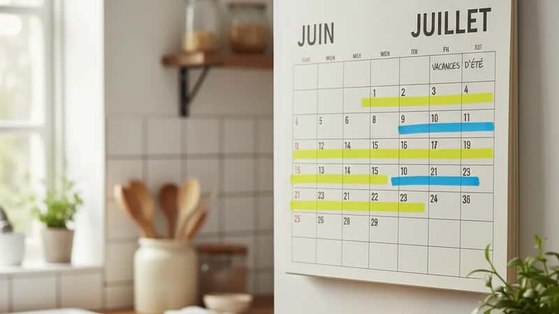 Kökskalender i ett svenskt hem med sommarledighet inbokad i juni och juli
