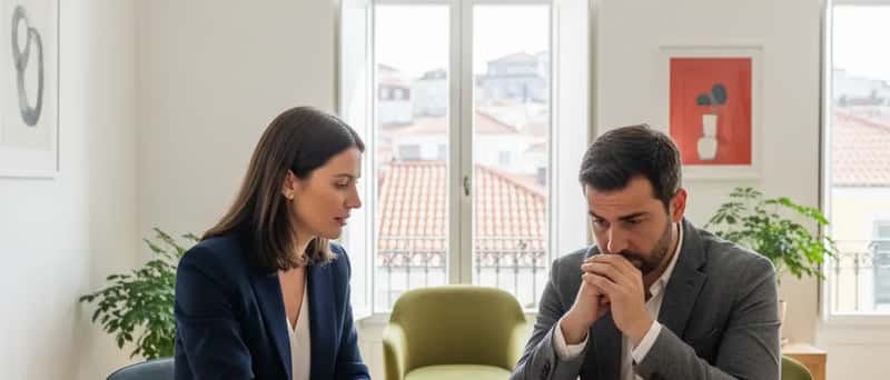 Cliente em consulta com advogado criminalista num escritório moderno em Portugal
