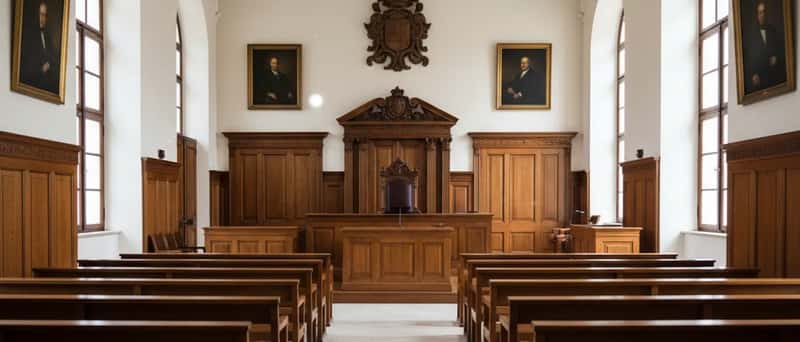 Interior de um tribunal português preparado para sessão de julgamento criminal