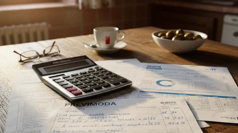 Documenti previdenziali PREVIMODA e INPS con calcolatrice su tavolo, Biella