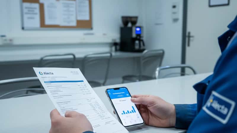 Verkstadsarbetares händer håller pensionsbesked från Alecta bredvid mobiltelefon med Pensionsmyndighetens app i fabriksomklädningsrum
