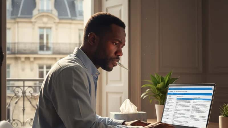 Georgia worker checking his employer benefits portal while sick at his desk in Marietta, GA