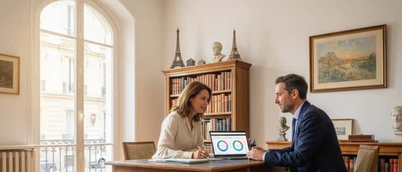 Donna italiana consulta un consulente finanziario davanti a un portatile con grafici patrimoniali