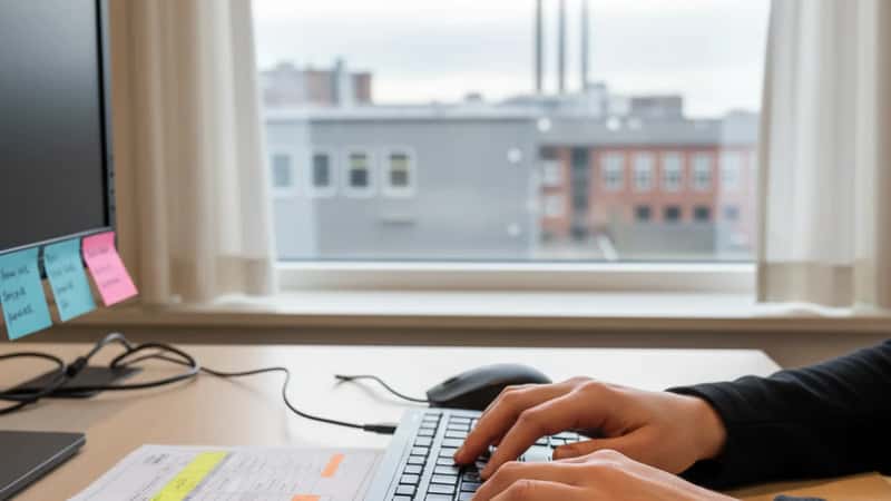 Hænder tastende på tastatur med arbejdstidsplan og noter på skrivebord i industrikontor i Aalborg
