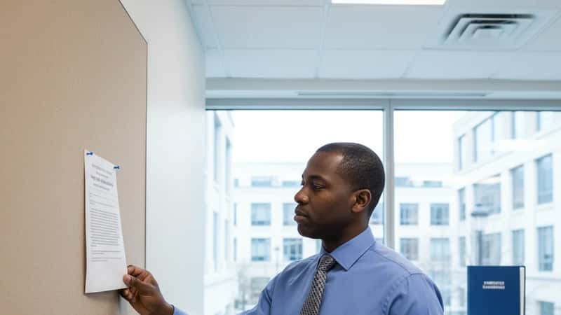 HR manager reviewing New Jersey Department of Labor wage notice in a Jersey City corporate office break room, bulletin board visible