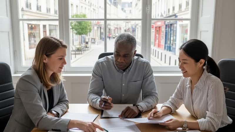 Three diverse New Jersey office workers reviewing employment law documents at a conference table in a Trenton business district office