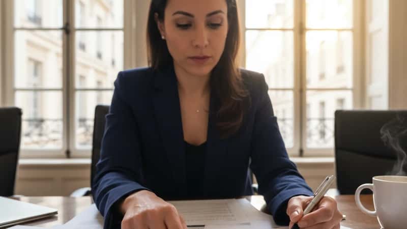 Nebraska employment attorney reviewing FLSA overtime calculation documents at her Lincoln office desk