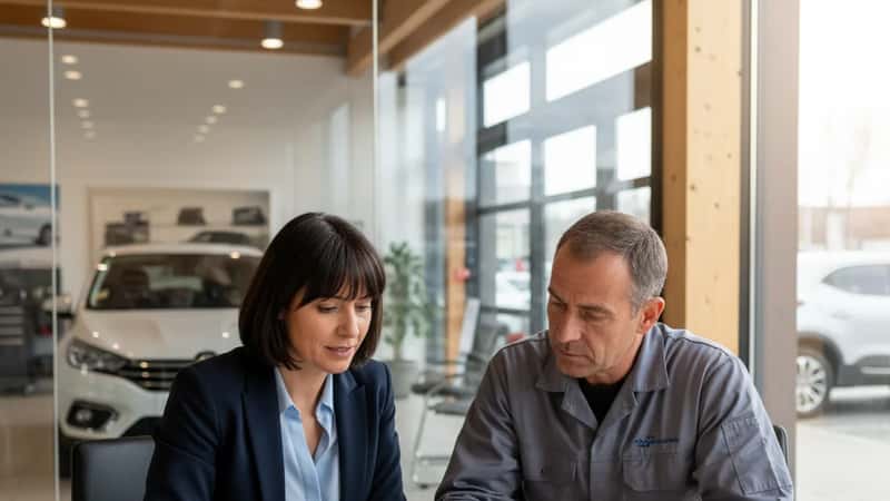 Un conseiller RH et un mécanicien automobile examinent ensemble un document de grille salariale dans une salle de réunion vitrée d'une concession française