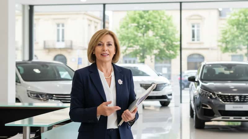Une responsable administrative en tailleur professionnel dans un showroom automobile bordelais, tenant un dossier de documents, véhicules exposés en arrière-plan