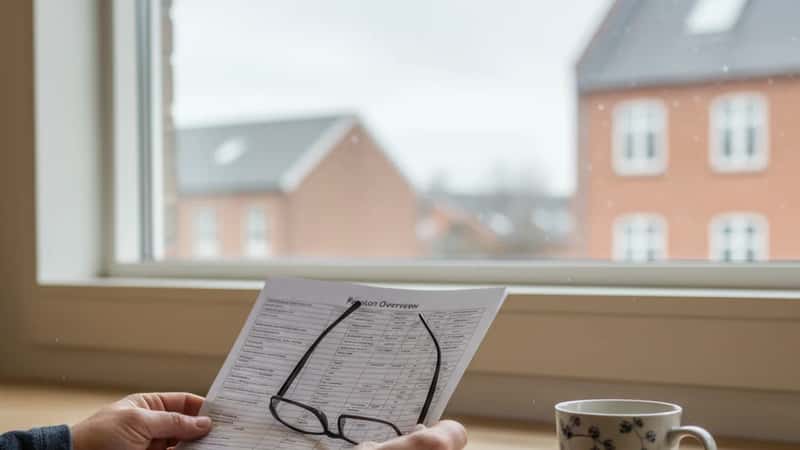Butiksmedarbejder i Aalborg gennemgår sin pensionsoversigt ved bord i pauserum med en kop kaffe