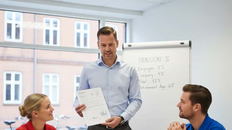 HR-chef i Aarhus forklarer pensionsreglerne til butiksansatte i mødelokale med procenttal på whiteboard