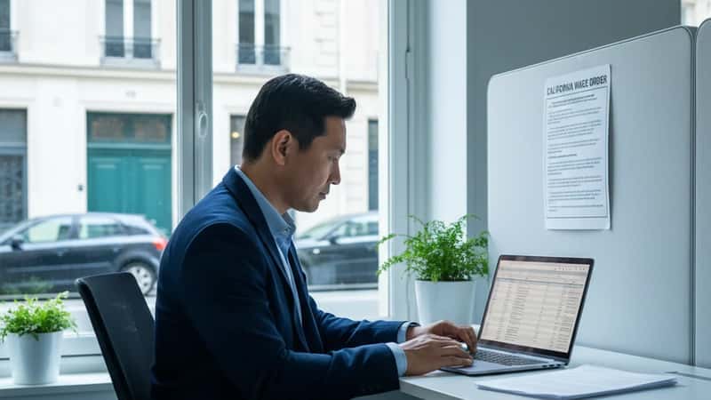 California HR manager reviewing payroll compliance documents at an office desk in San Francisco, California wage order poster on the wall