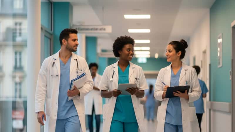 Diverse California healthcare workers — a nurse, a technician, and a physician — walking through a Los Angeles hospital corridor in scrubs and white coats