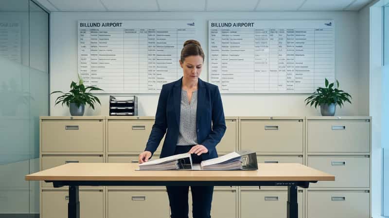 HR-leder i Billund gennemgår pensionsdokumenter for medarbejdere under 3F Transport Luftfartsoverenskomsten 2025-2028