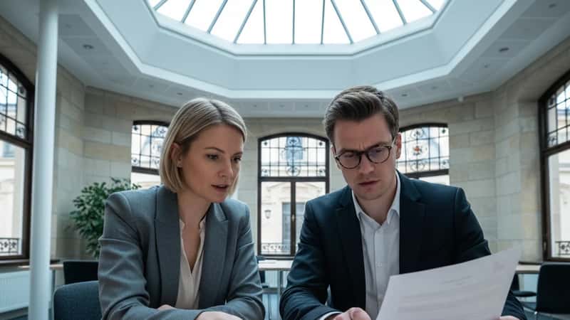 Två svenska kollegor diskuterar IT-avtalsklausul vid runt bord i Uppsala tech-startup med kallt dagljus från takfönster