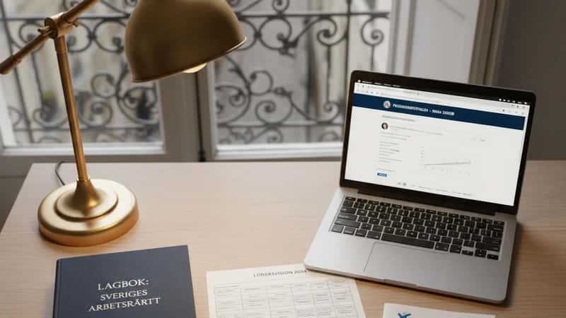 Översiktsvy av HR-chef på Malmö tech-bolag med arbetsrättsliteratur, lönerevisionstabell och pensionsdokument på skrivbordet