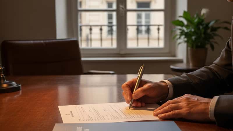 Un dirigeant de PME français en costume gris signe un document de conformité anti-corruption sur un bureau en bois dans un cabinet juridique à Lyon, livret de code de conduite visible en dessous, lumière de bureau chaude et focalisée