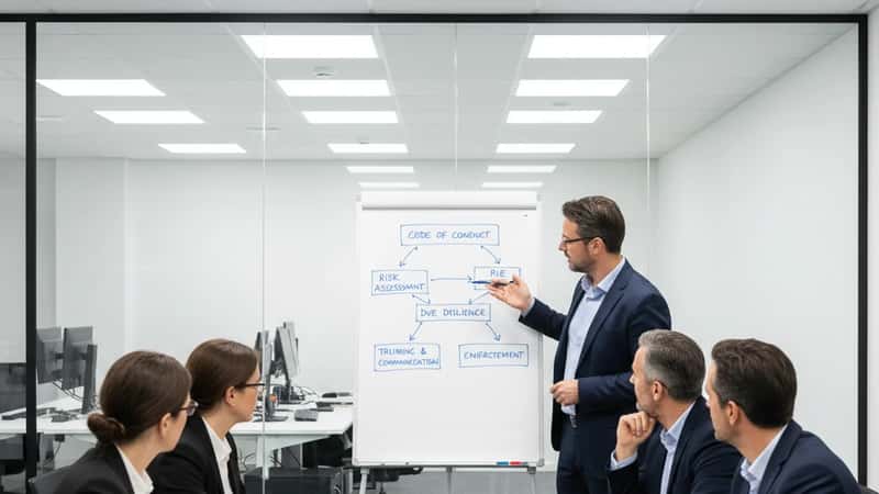 Quatre employés français en tenue professionnelle assistent à une formation sur la conformité anti-corruption dans une salle de réunion vitrée à Lyon, formateur au tableau blanc avec un schéma de cadre de conformité, atmosphère attentive et engagée
