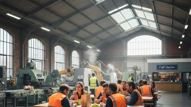 Factory workers in safety vests eating lunch at picnic tables in a New York manufacturing facility break area, natural light from skylights
