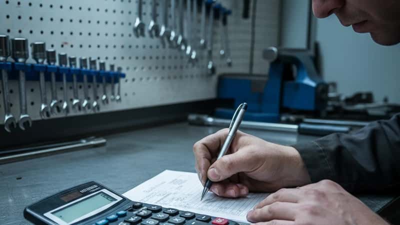 Suomalainen automekaanikko kirjaa ylityötunteja paperiselle tuntilomakkeelle autokorjaamon penkillä Tampereella